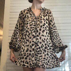 XS Buddy Love leopard print metalic thread long puffy sleeve mini party dress